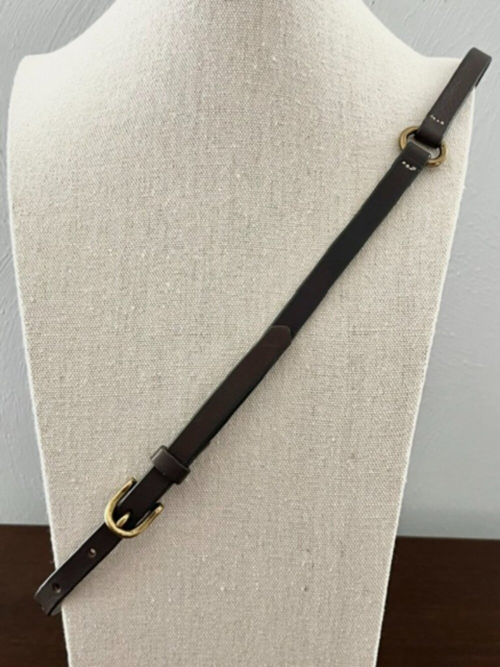 J. Crew Italian Leather Skinny Belt Brown Brass Tone Buckle Made in USA Small